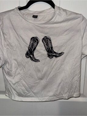 SHEIN White Short Sleeve Tee with Black Cowboy Boot Graphic